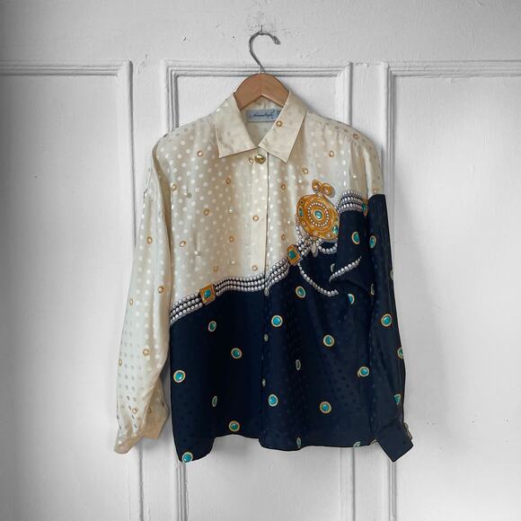 Trompe L'Oeil 80s Status Print Jewel Silk Jacquard Button Front Vintage Blouse - Picture 3 of 9